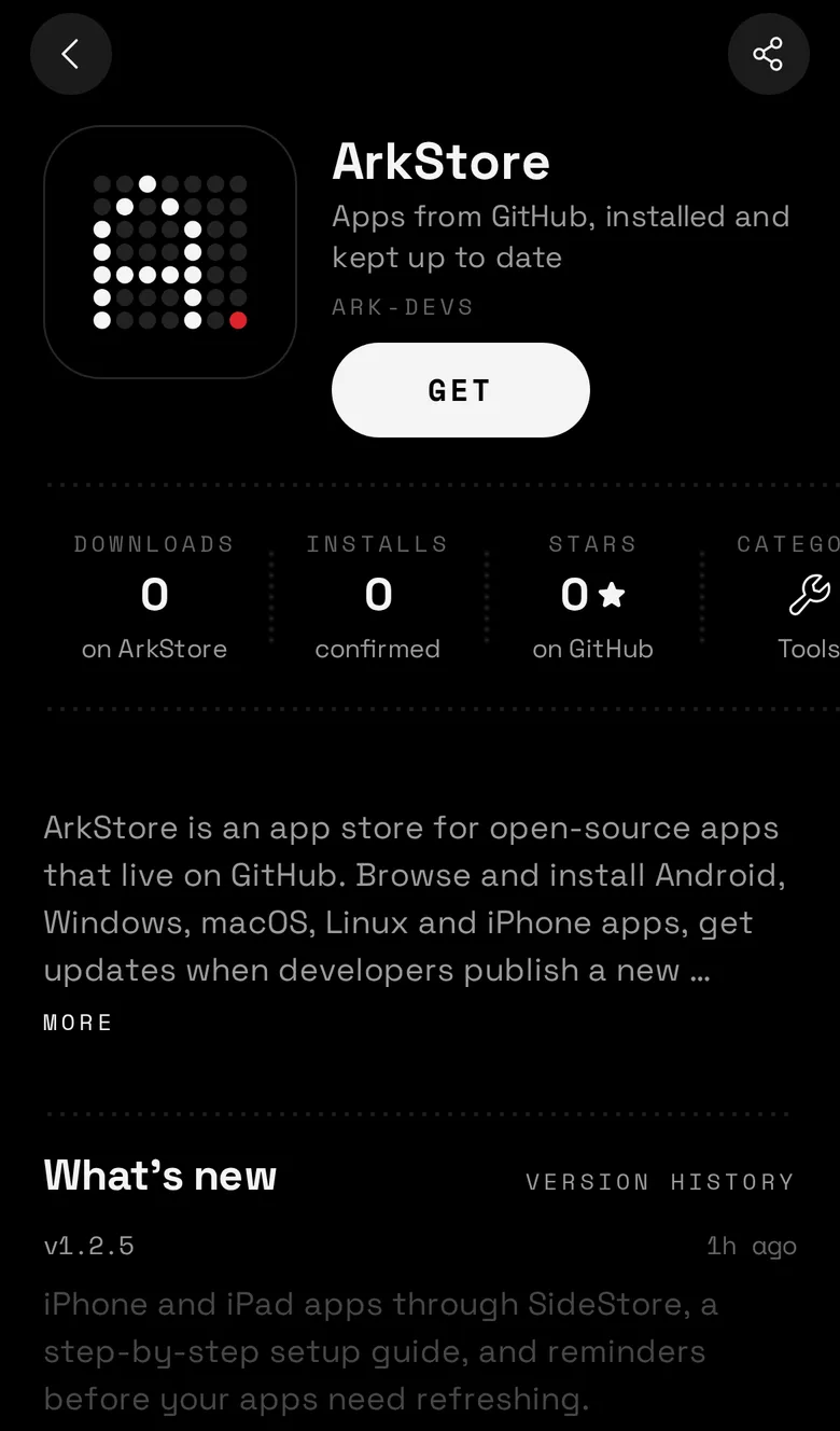 ArkStore app page with the GET button and download stats